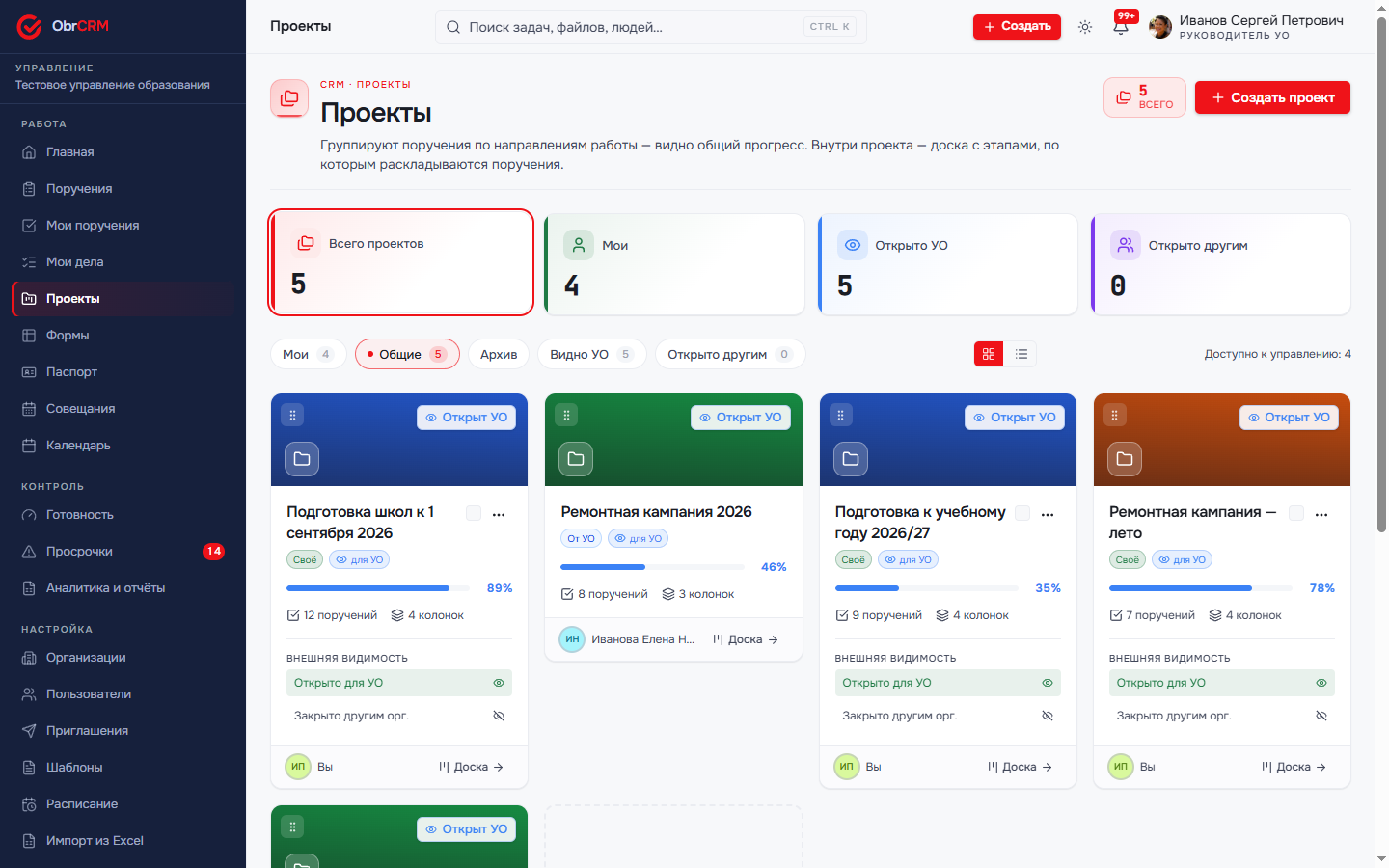 Карточки проектов с прогрессом и количеством поручений и колонок